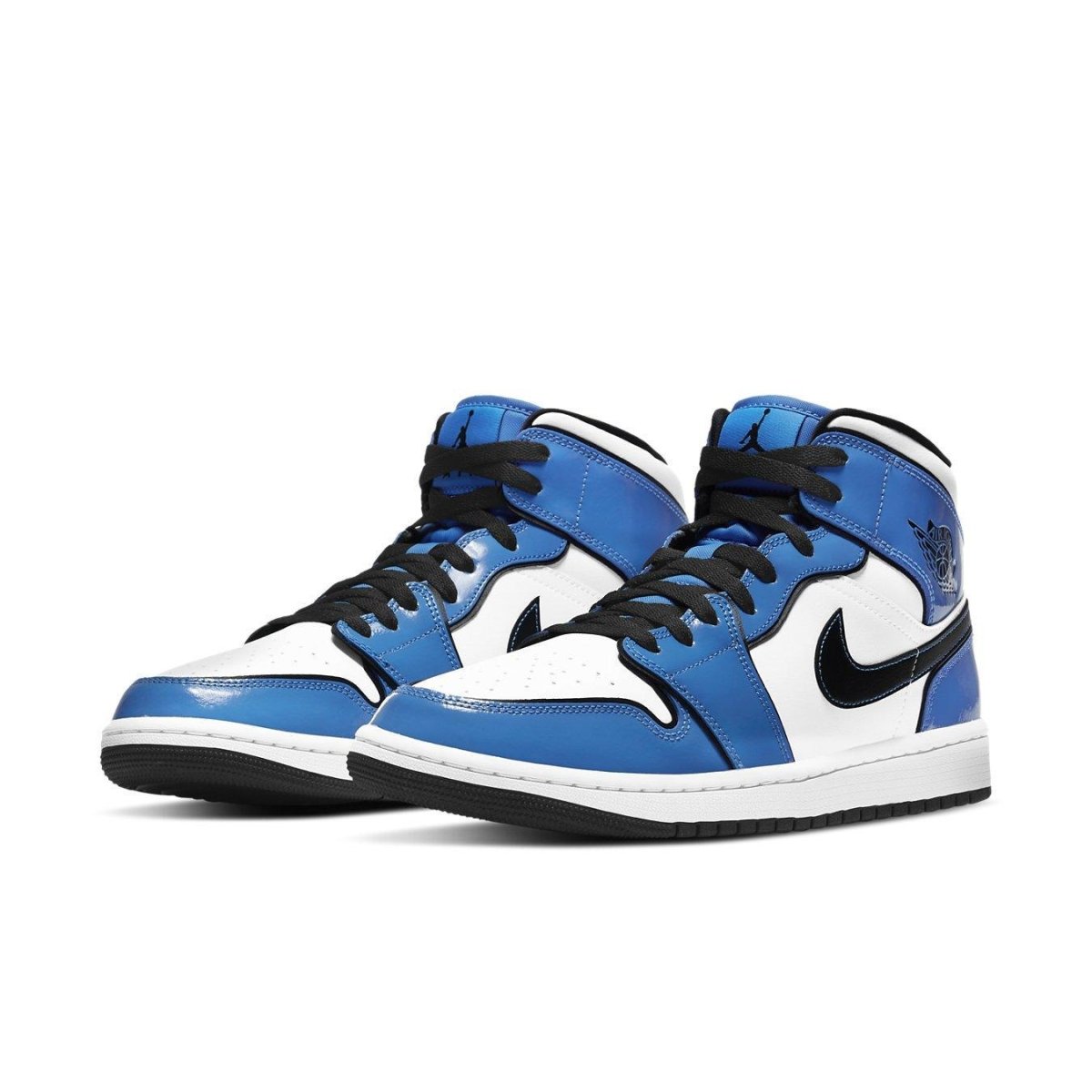 Air Jordan 1 Mid Signal Blue sneakers featuring bright blue panels and white leather.