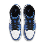 Top view of Jordan 1 Mid Signal Blue sneakers featuring blue and white colorway with black accents.