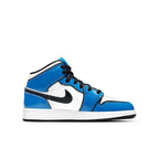 Jordan 1 Mid Signal Blue (GS) sneakers featuring vibrant blue panels and white leather accents.