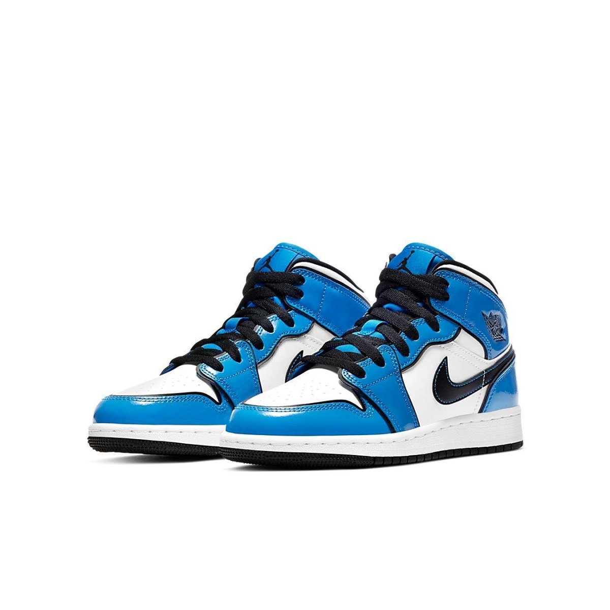 Jordan 1 Mid Signal Blue (GS) sneakers featuring vibrant blue panels and white leather accents.
