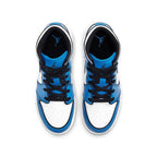 Top view of Jordan 1 Mid Signal Blue (GS) featuring blue and white colorway with black laces.