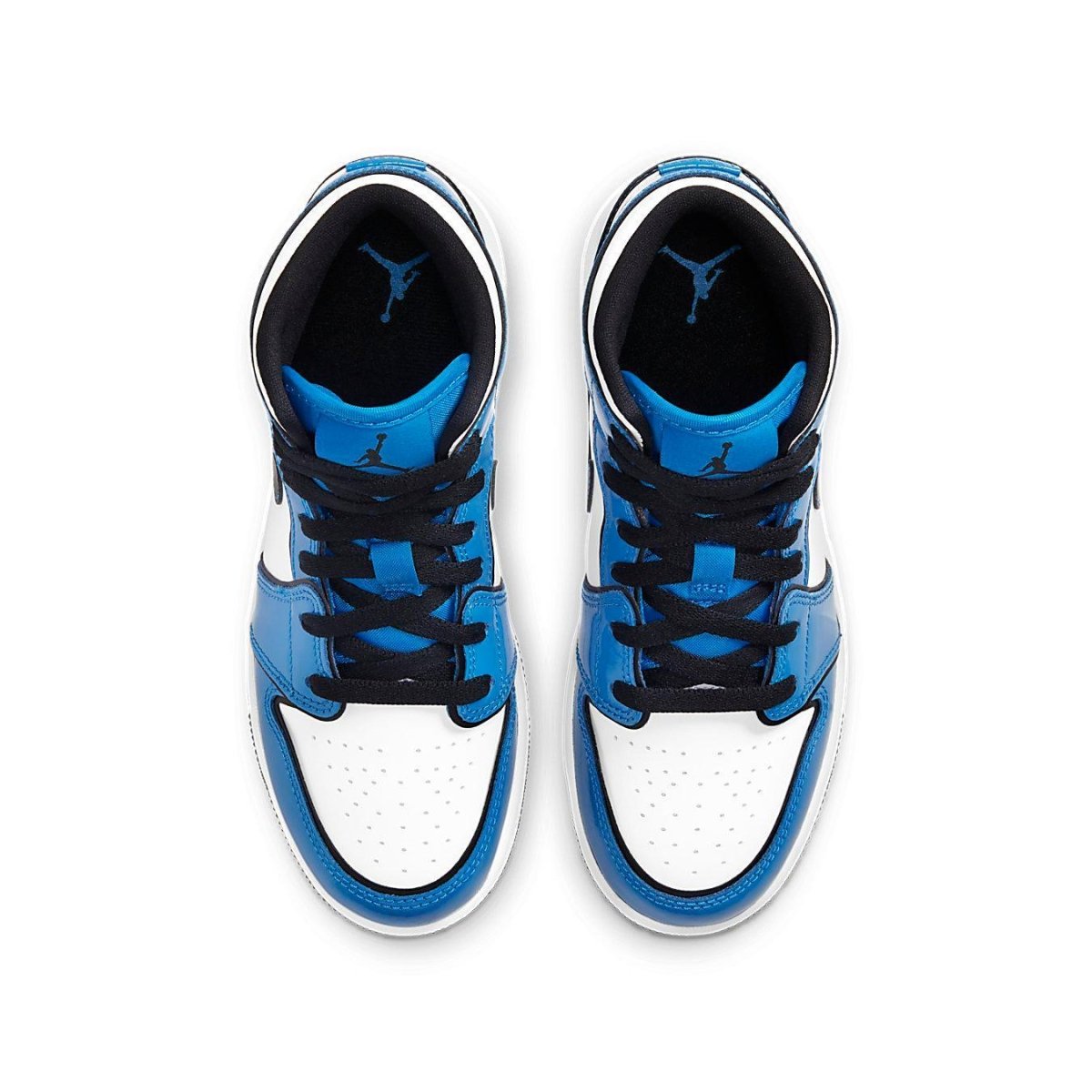 Top view of Jordan 1 Mid Signal Blue (GS) featuring blue and white colorway with black laces.