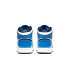Back view of Air Jordan 1 Mid Signal Blue sneakers featuring vibrant blue panels and leather detailing.