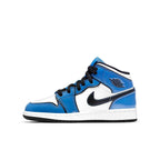 Jordan 1 Mid Signal Blue (GS) sneaker featuring vibrant blue and white colorway with black details.