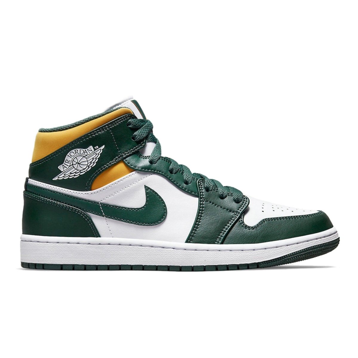 Air Jordan 1 Mid Sonics (2021) in white, green, and yellow with Jumpman logo, showcasing mid-top design.