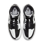 Air Jordan 1 Mid Split Black White Womens top view showcasing alternating black and white panels with iconic Swoosh.