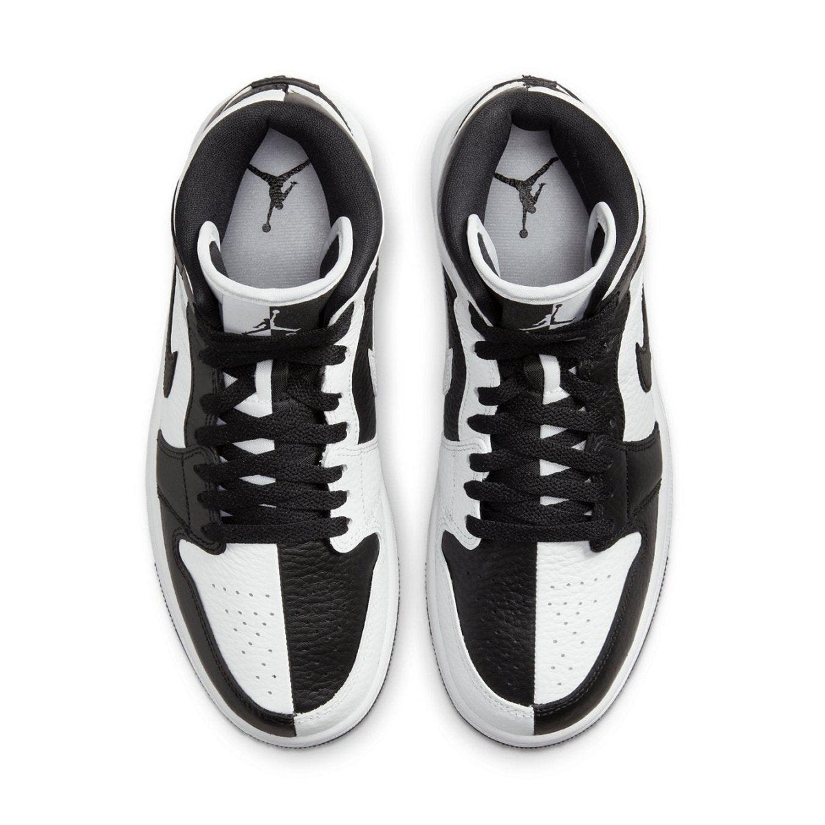 Air Jordan 1 Mid Split Black White Womens top view showcasing alternating black and white panels with iconic Swoosh.