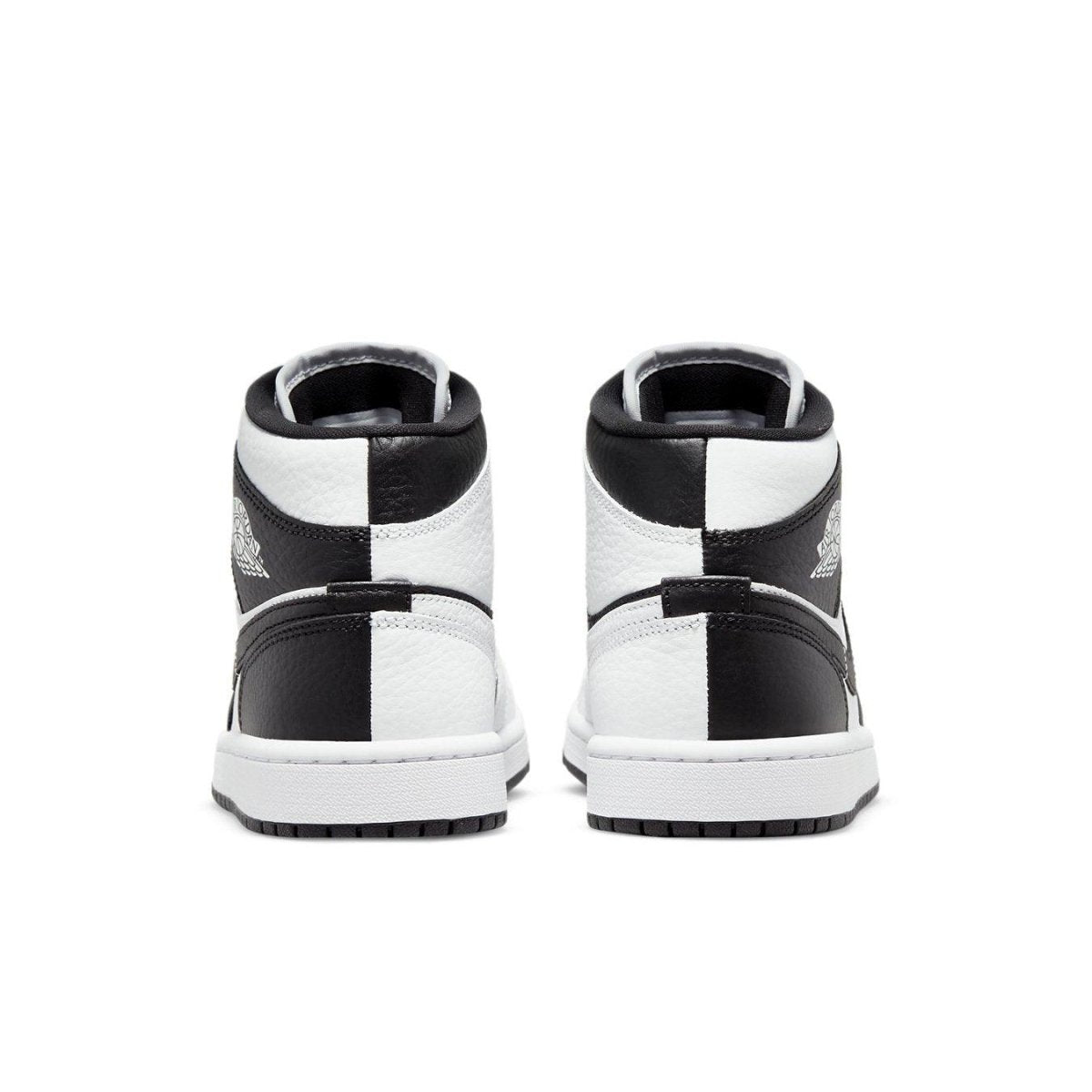 Air Jordan 1 Mid Split Black White Women's sneakers back view with alternating black and white panels.