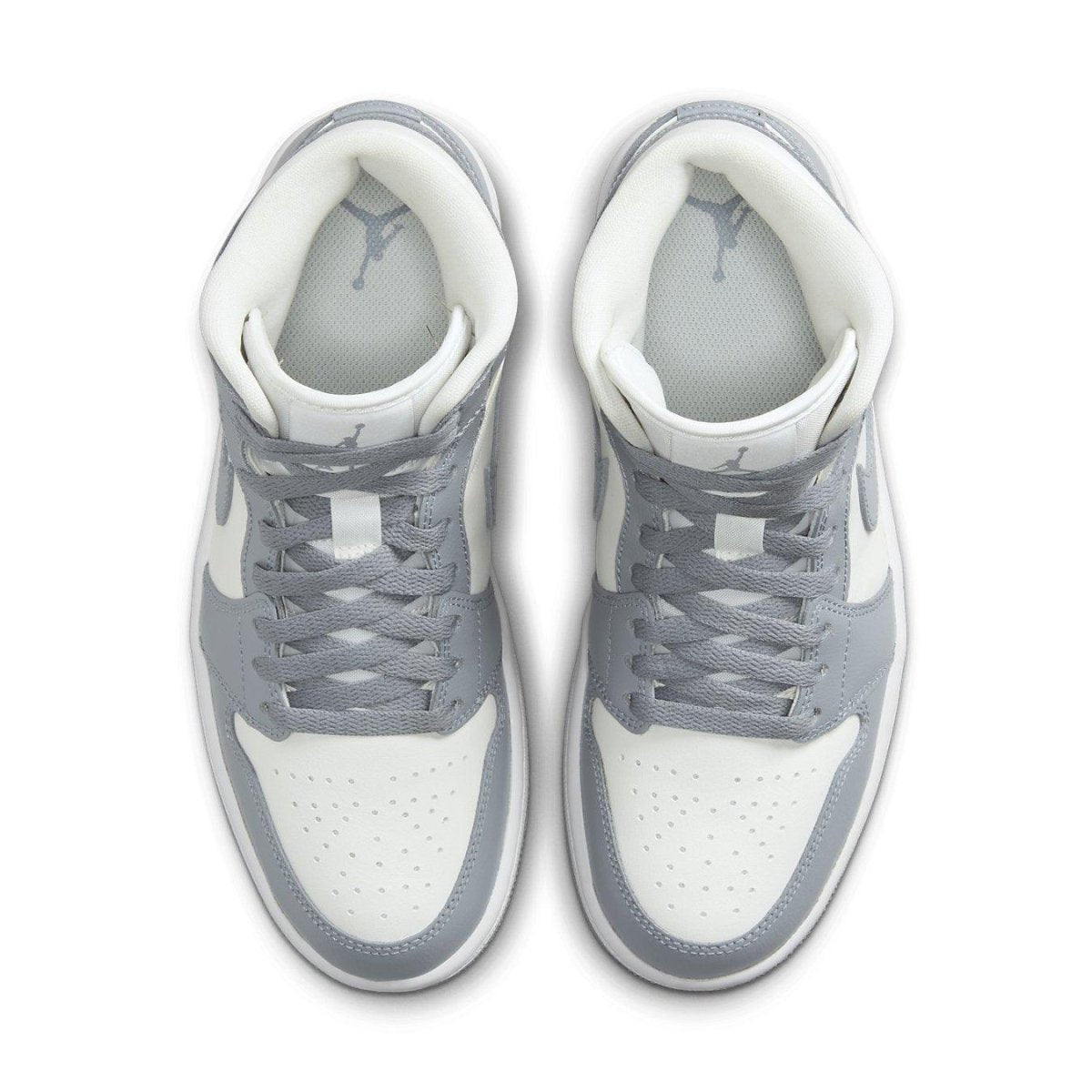 Top view of the Air Jordan 1 Mid Stealth (W) with white and grey color scheme.