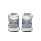 Rear view of Jordan 1 Mid Stealth (W) sneakers featuring a clean gray and white design.