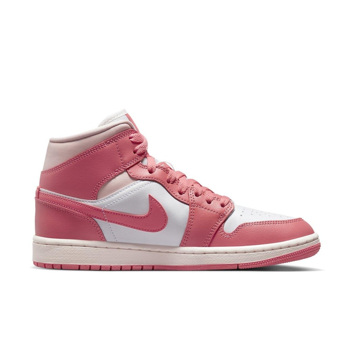 Jordan 1 Mid Strawberries and Cream women's sneakers in pink and white leather.