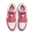 Jordan 1 Mid Strawberries and Cream for women, featuring pink and white leather upper with iconic branding.