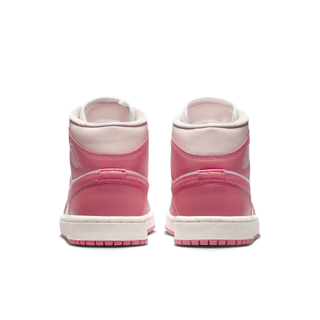 Rear view of Jordan 1 Mid Strawberries and Cream women's sneakers in pink and white.