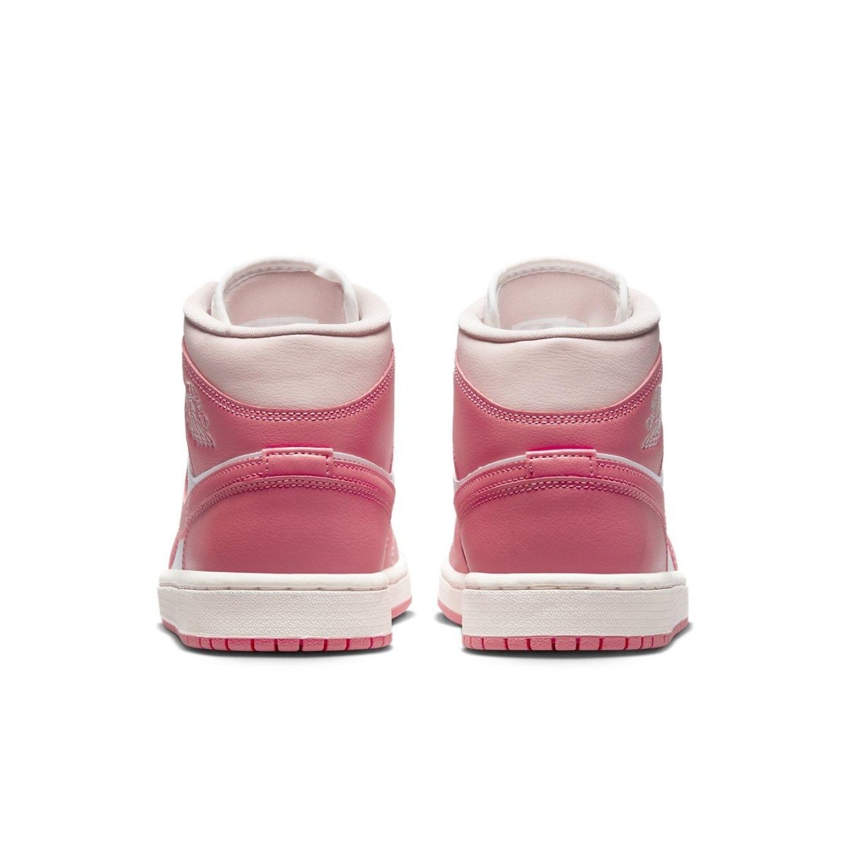 Rear view of Jordan 1 Mid Strawberries and Cream women's sneakers in pink and white.