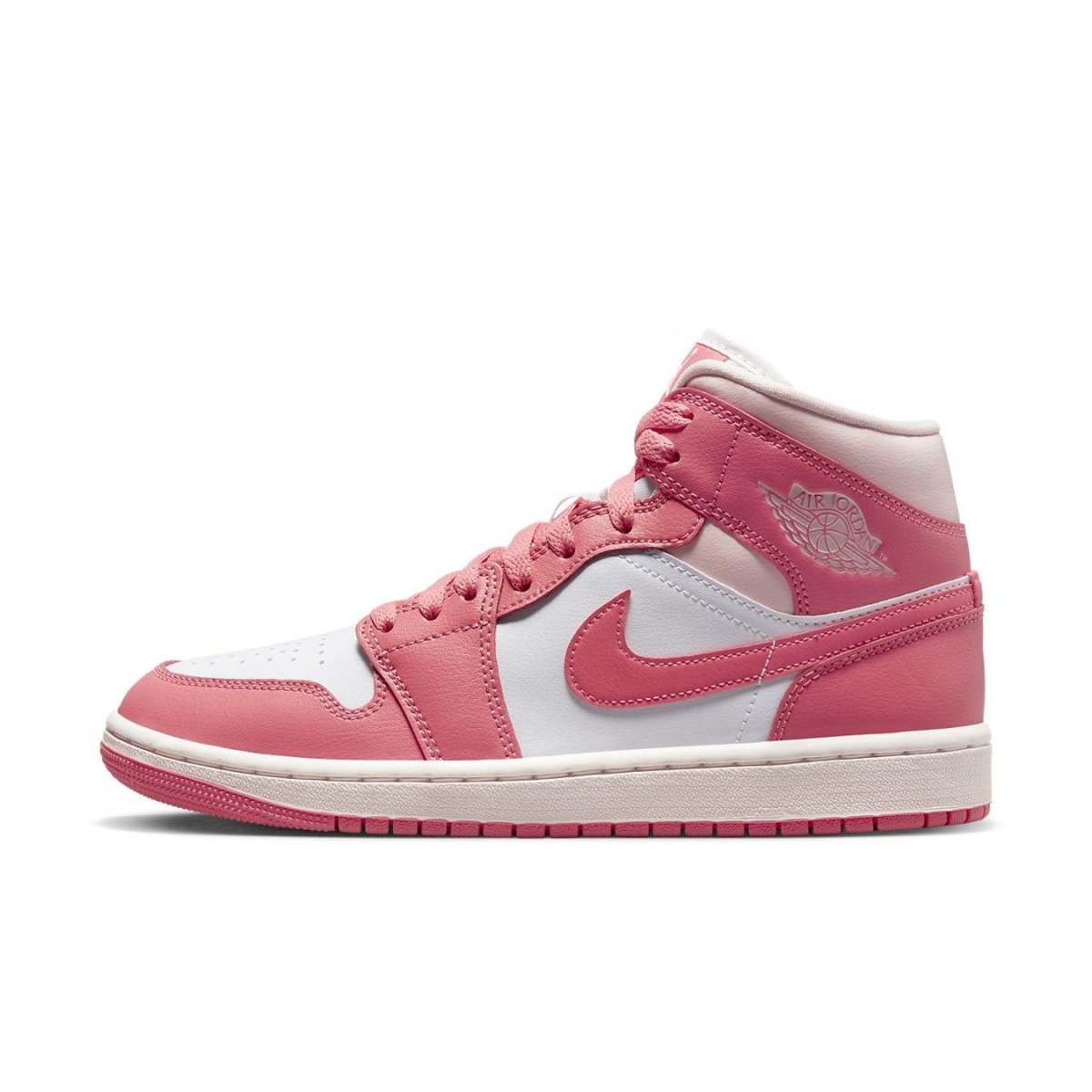 Jordan 1 Mid Strawberries and Cream for women, featuring pink and white leather upper and iconic Swoosh detailing.