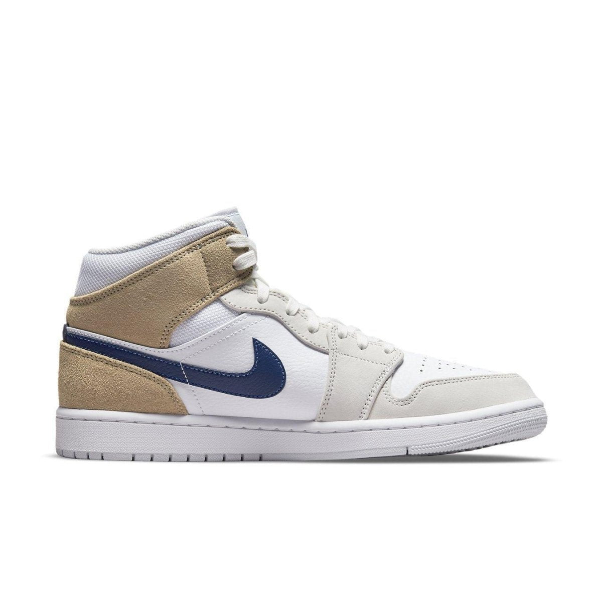 Jordan 1 Mid Tan Suede sneakers in white leather, dark blue Swoosh, and light brown suede accents.