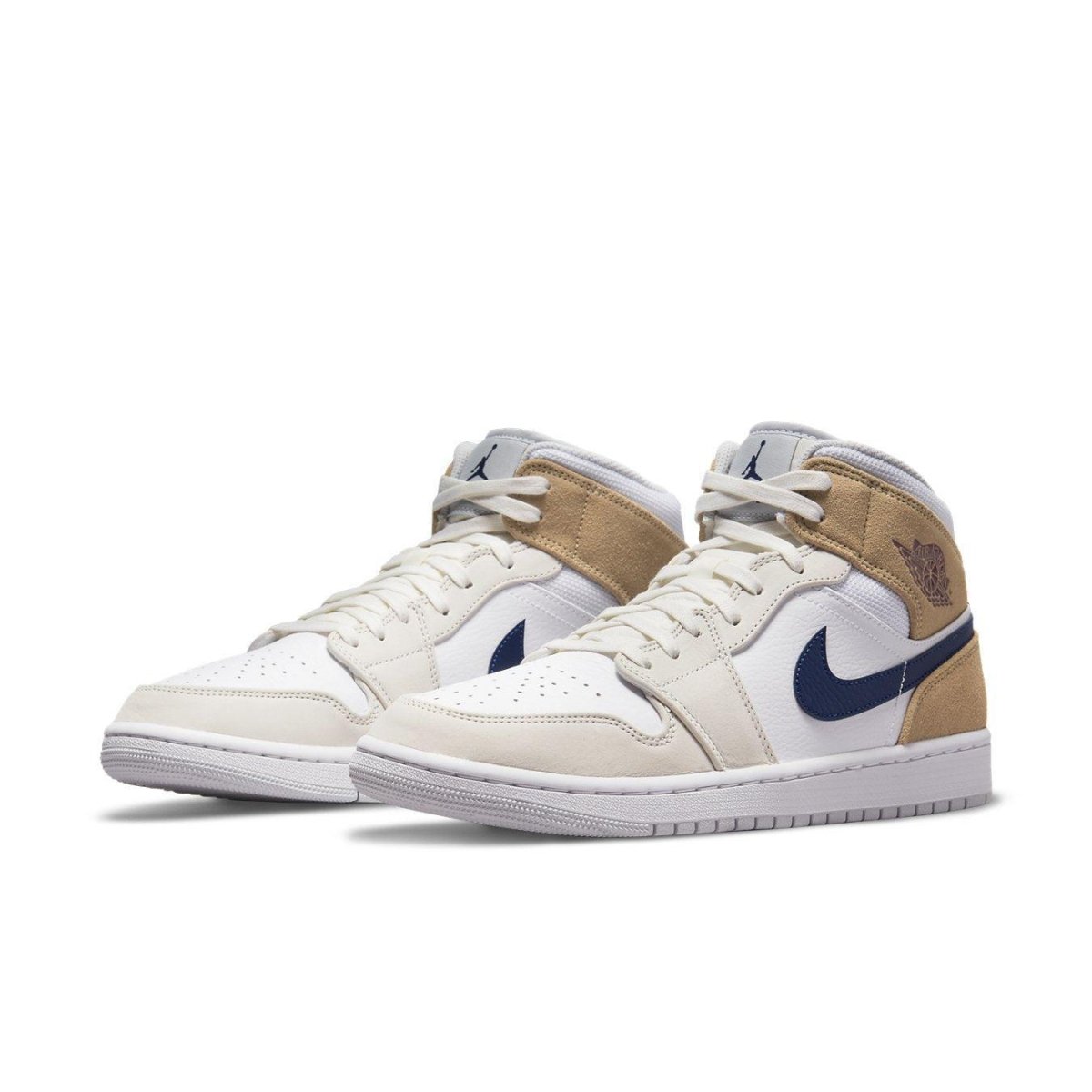 Air Jordan 1 Mid Tan Suede featuring white leather, dark blue Swoosh, and light brown suede overlays.