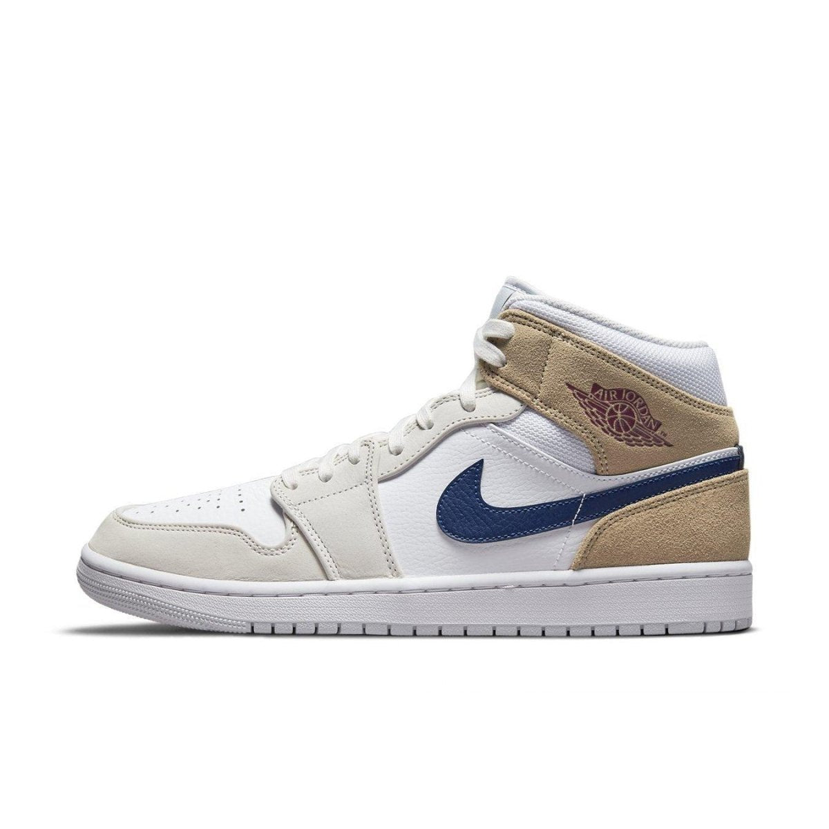 Air Jordan 1 Mid Tan Suede featuring white leather upper and tan suede overlays with dark blue Swoosh and red Wings logo.