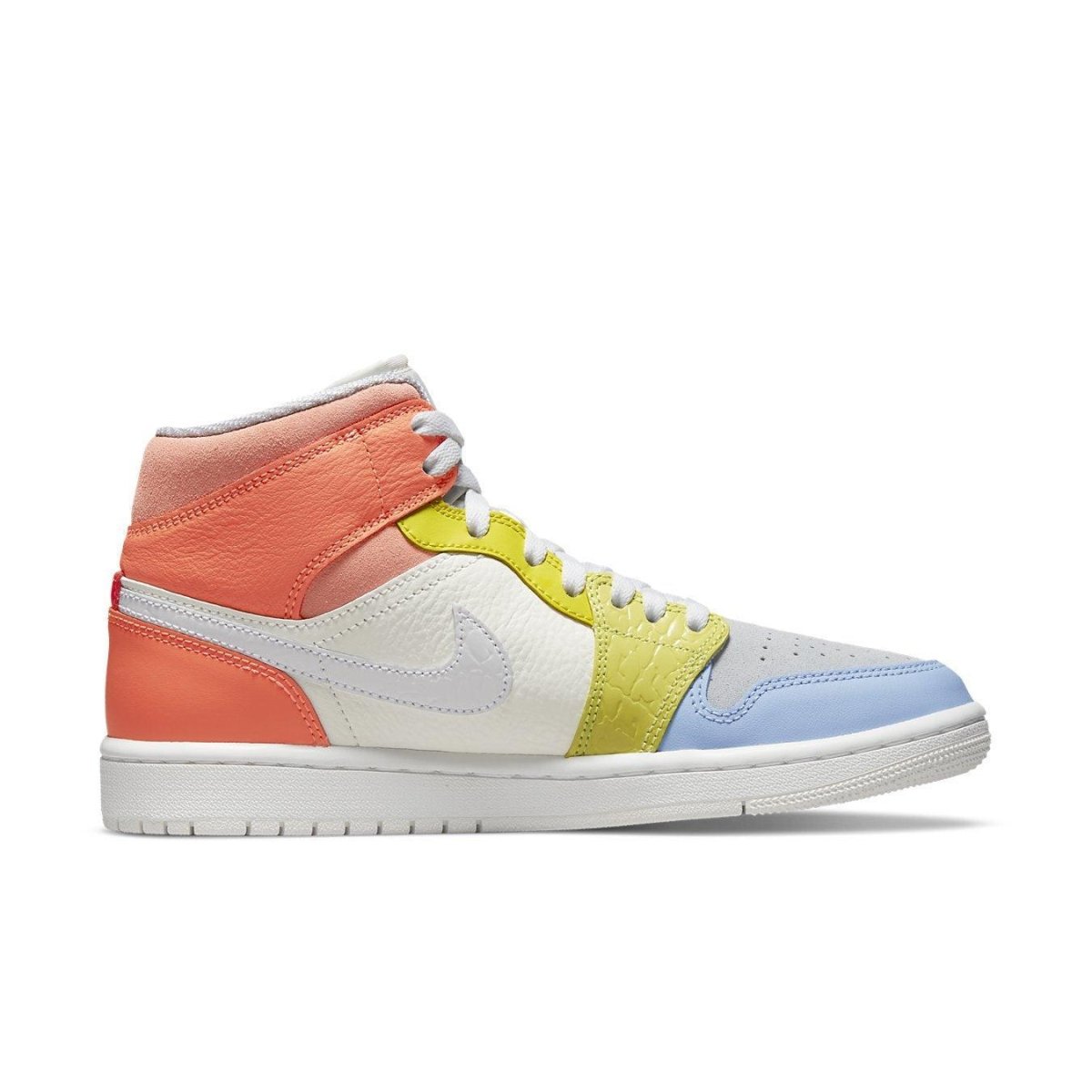 Air Jordan 1 Mid To My First Coach shoes featuring colorful panels and sleek design for women.