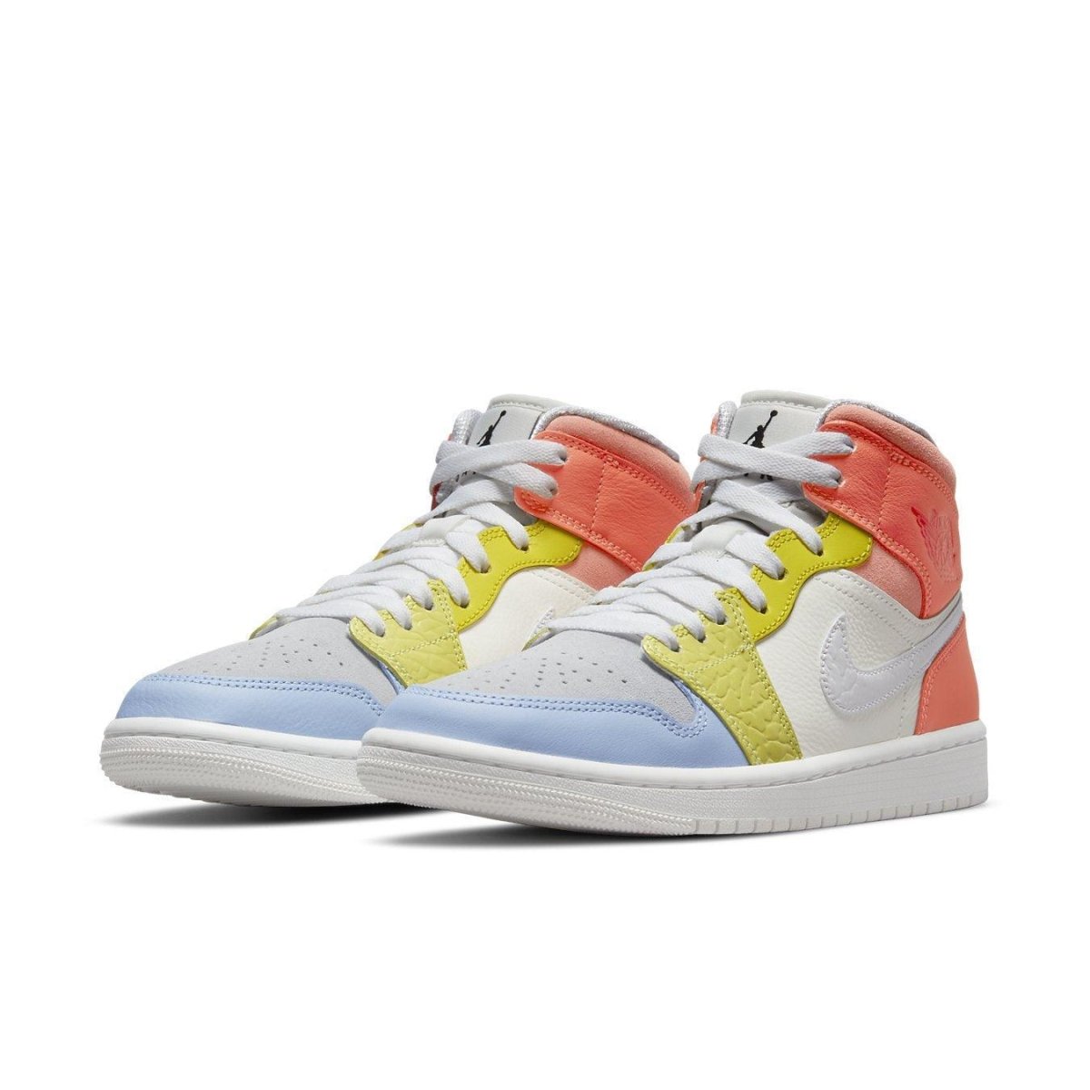 Colorful Air Jordan 1 Mid 'To My First Coach' sneakers featuring soft leather and textured fabric.