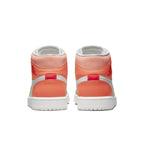 Rear view of women's Air Jordan 1 Mid 'To My First Coach' shoes with colorful panels and soft leather.