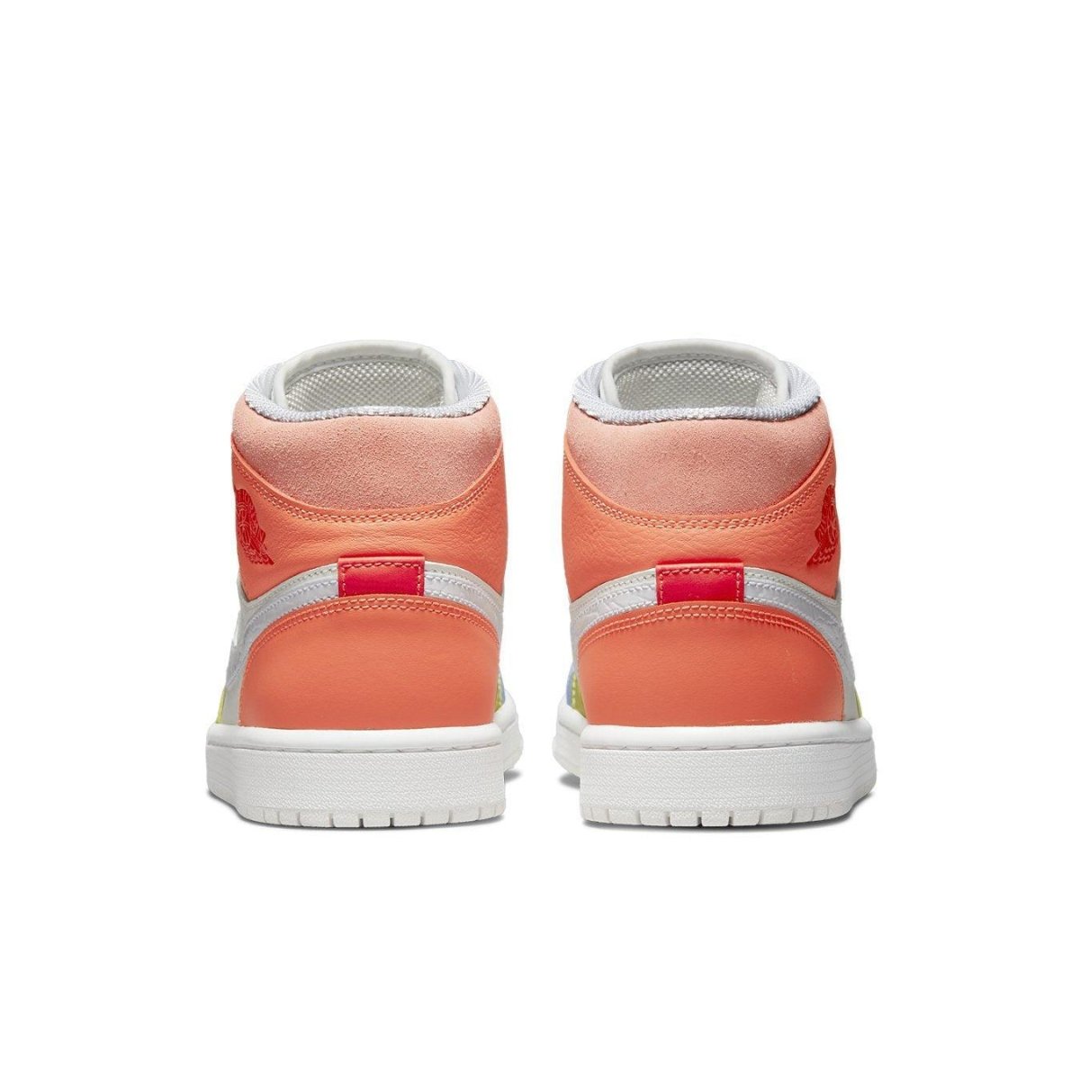 Rear view of women's Air Jordan 1 Mid 'To My First Coach' shoes with colorful panels and soft leather.