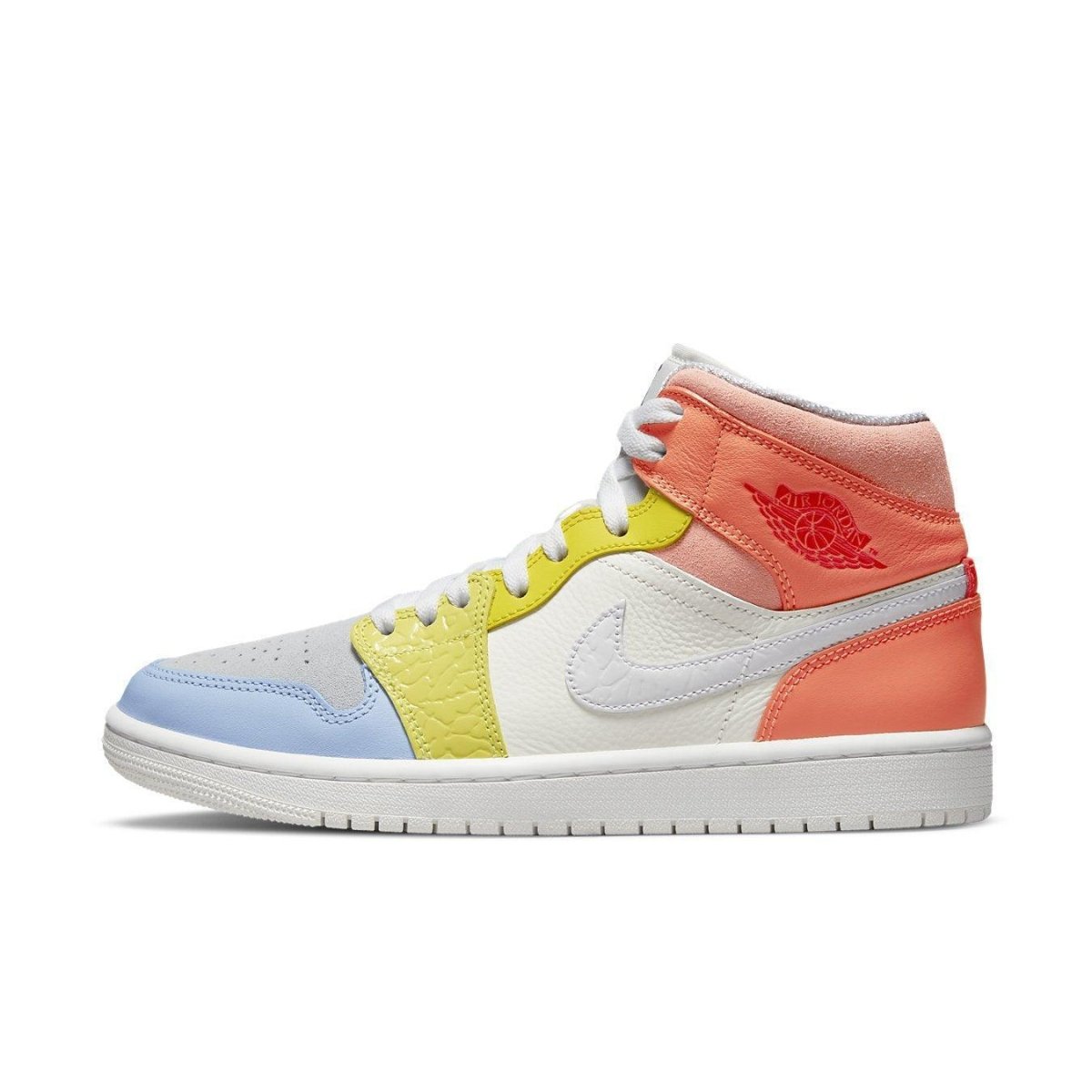Air Jordan 1 Mid 'To My First Coach' women's sneakers featuring colorful panels and a retro design.