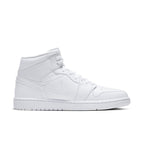 Air Jordan 1 Mid Triple White 2.0 (2020) featuring a sleek, all-white leather design and Nike swoosh.