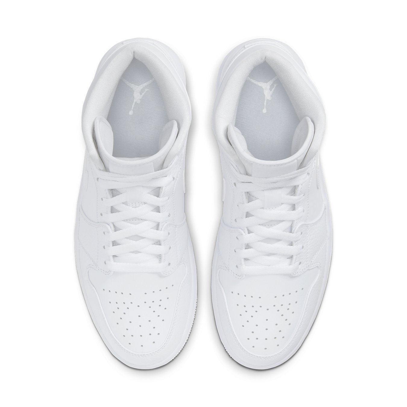Air Jordan 1 Mid Triple White 2.0 2020 sneakers with all-white leather and textile details.