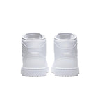Air Jordan 1 Mid Triple White 2.0 (2020) - rear view showcasing sleek white leather design and textured panels.