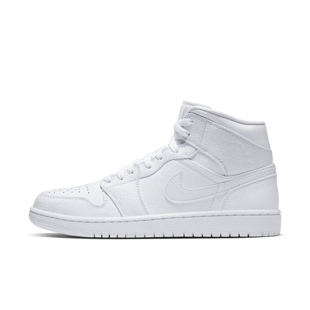 Air Jordan 1 Mid Triple White 2.0 2020 in all-white leather featuring distinct textures and Nike swoosh.
