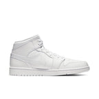 Jordan 1 Mid Triple White (2020) sneaker featuring a sleek all-white design and mid-top silhouette.