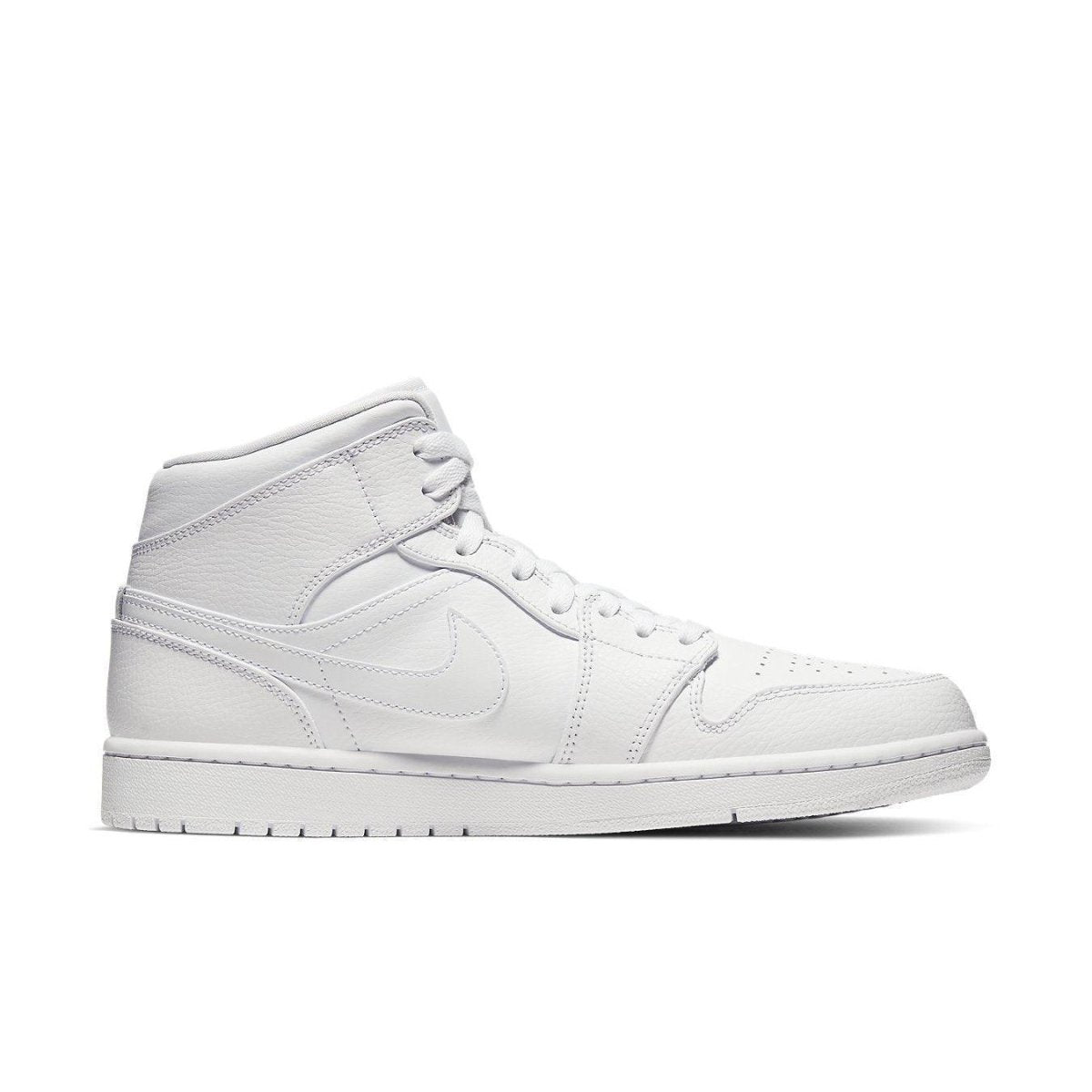 Jordan 1 Mid Triple White (2020) sneaker featuring a sleek all-white design and mid-top silhouette.