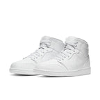 Jordan 1 Mid Triple White (2020) sneakers featuring a clean all-white design and mid-top silhouette.