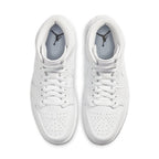 Jordan 1 Mid Triple White 2020 top view, featuring a sleek all-white design with black Jumpman logo.