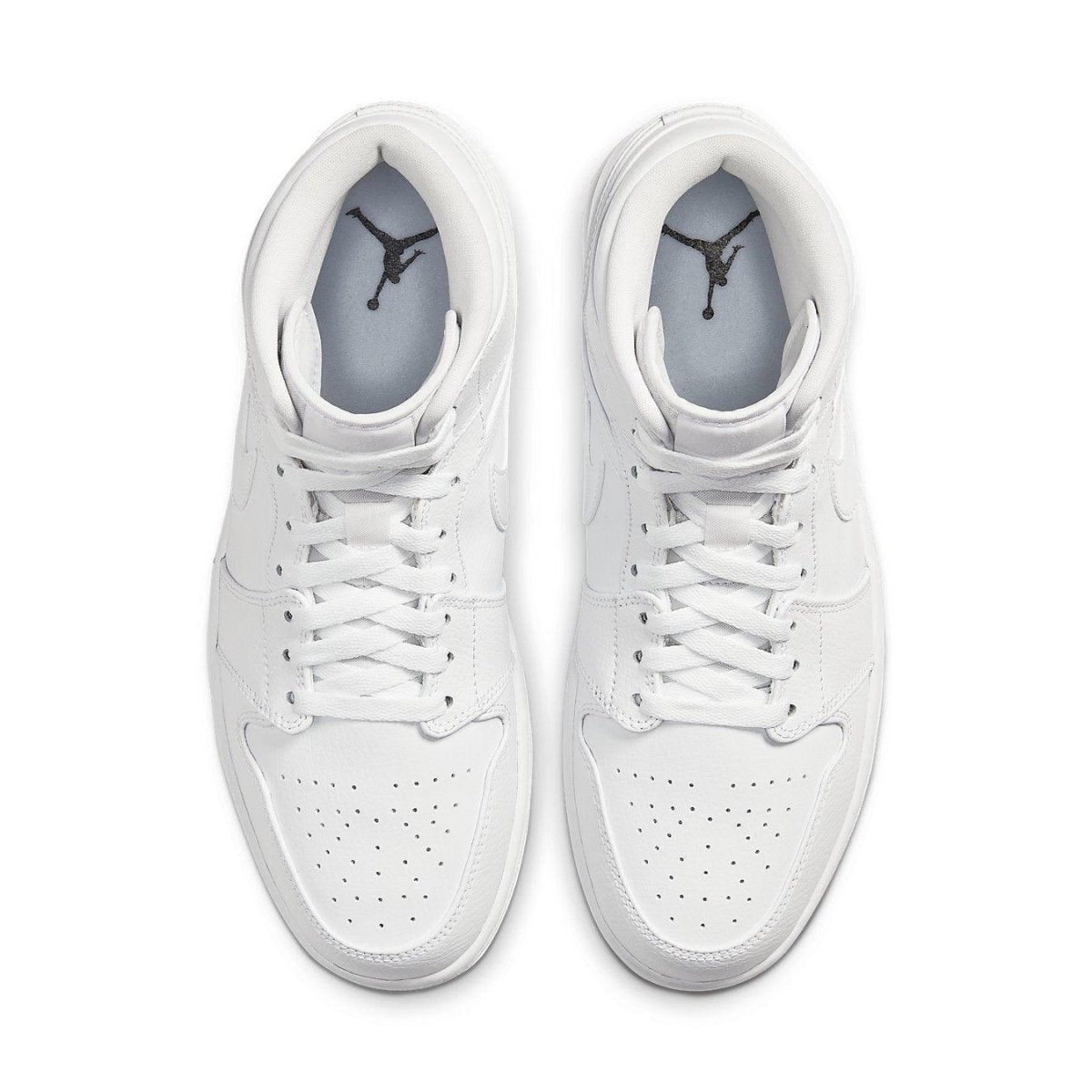 Jordan 1 Mid Triple White 2020 top view, featuring a sleek all-white design with black Jumpman logo.