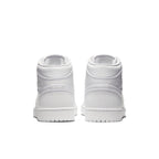 Jordan 1 Mid Triple White (2020) rear view showcasing all-white design and silver 'Wings' logo details.