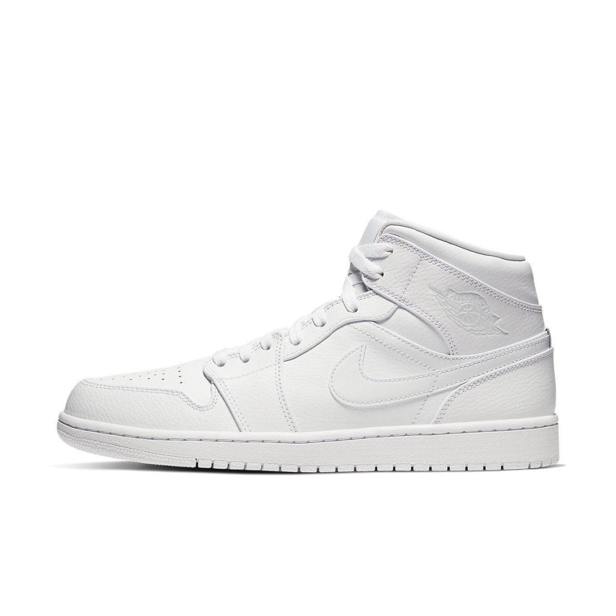 Jordan 1 Mid Triple White (2020) sneaker with a clean all-white design and iconic logo, emphasizing minimalism and style.
