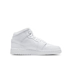Air Jordan 1 Mid GS Triple White sneakers for kids in pristine white leather with Swoosh and signature details.