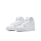 Air Jordan 1 Mid Triple White GS sneakers with premium leather upper and iconic design for kids.
