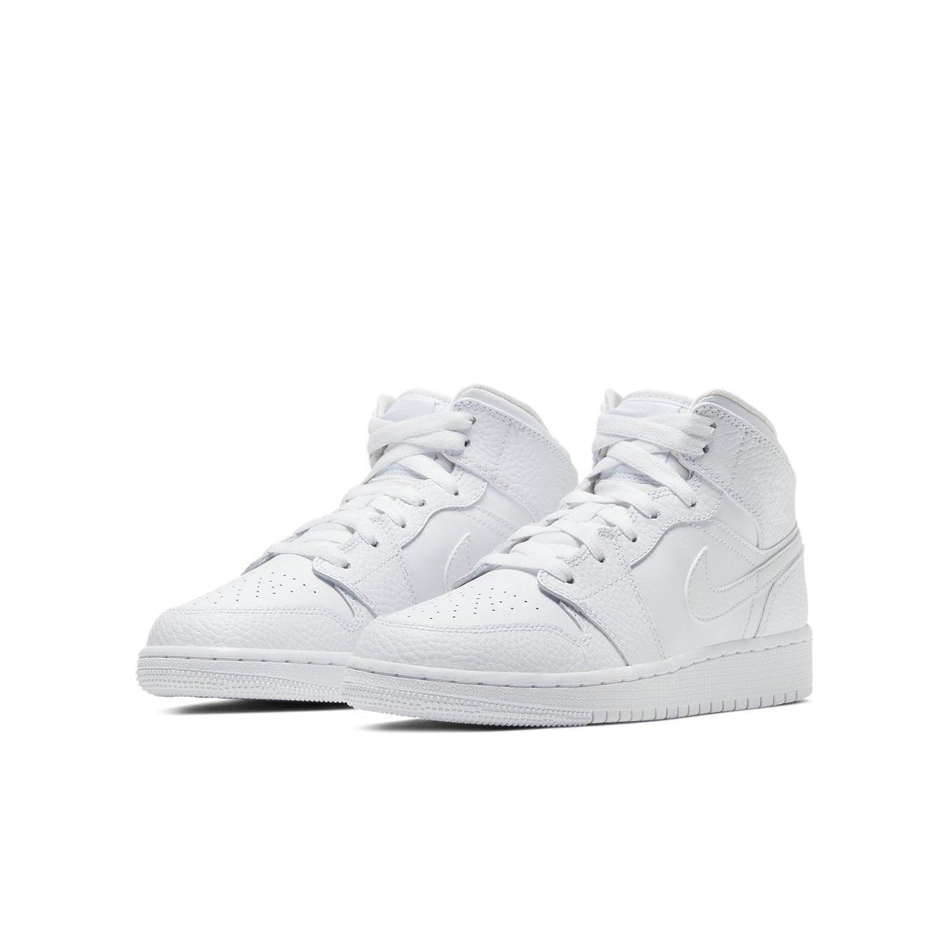 Air Jordan 1 Mid Triple White GS sneakers with premium leather upper and iconic design for kids.
