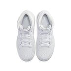Top view of Air Jordan 1 Mid Triple White GS sneakers, featuring a clean white leather upper and subtle perforated details.