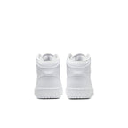 Jordan 1 Mid Triple White GS shoes back view featuring all-white leather design and textured details.