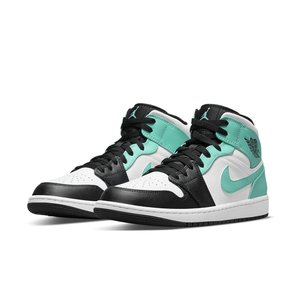 Air Jordan 1 Mid Tropical Twist Igloo sneakers with black, white, and turquoise colorway.