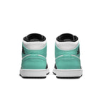 Retro Air Jordan 1 Mid Tropical Twist Igloo sneakers showcasing turquoise upper and black accents from the back view.