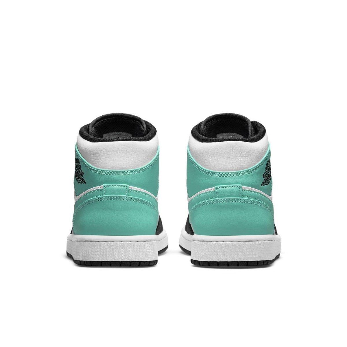 Retro Air Jordan 1 Mid Tropical Twist Igloo sneakers showcasing turquoise upper and black accents from the back view.