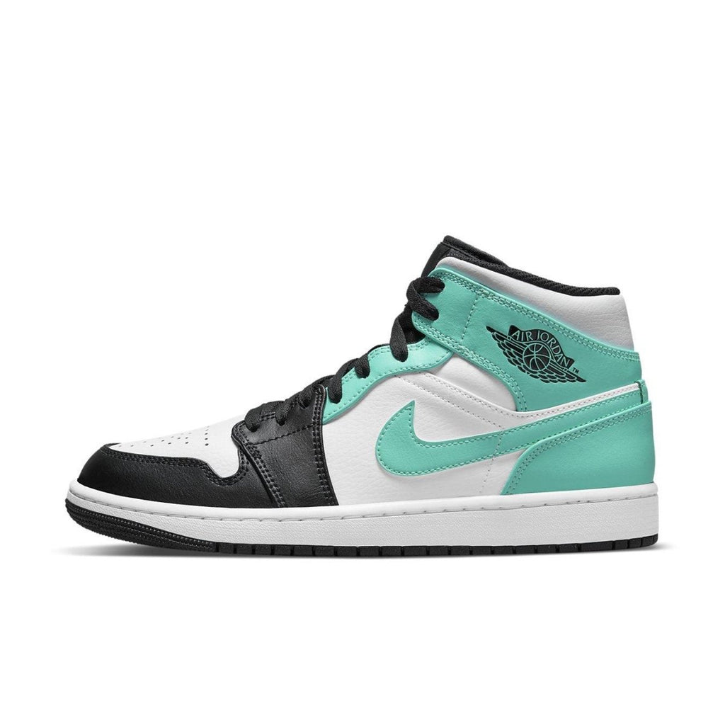 Jordan 1 Mid Tropical Twist Igloo sneaker with aqua, black, and white accents, featuring Air Jordan Wings logo.