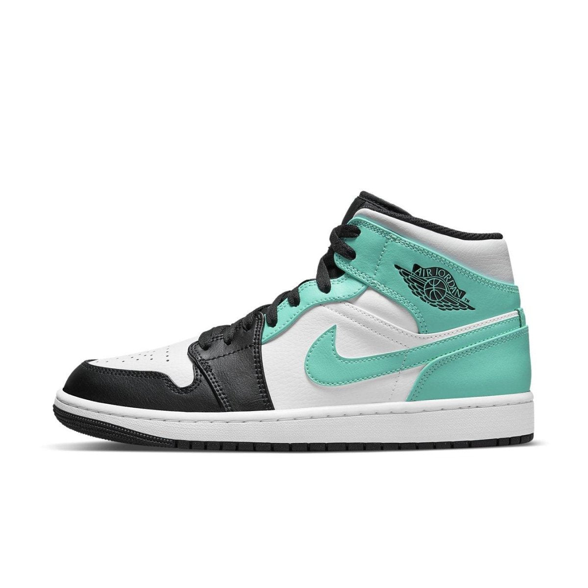 Jordan 1 Mid Tropical Twist Igloo sneaker with aqua, black, and white accents, featuring Air Jordan Wings logo.