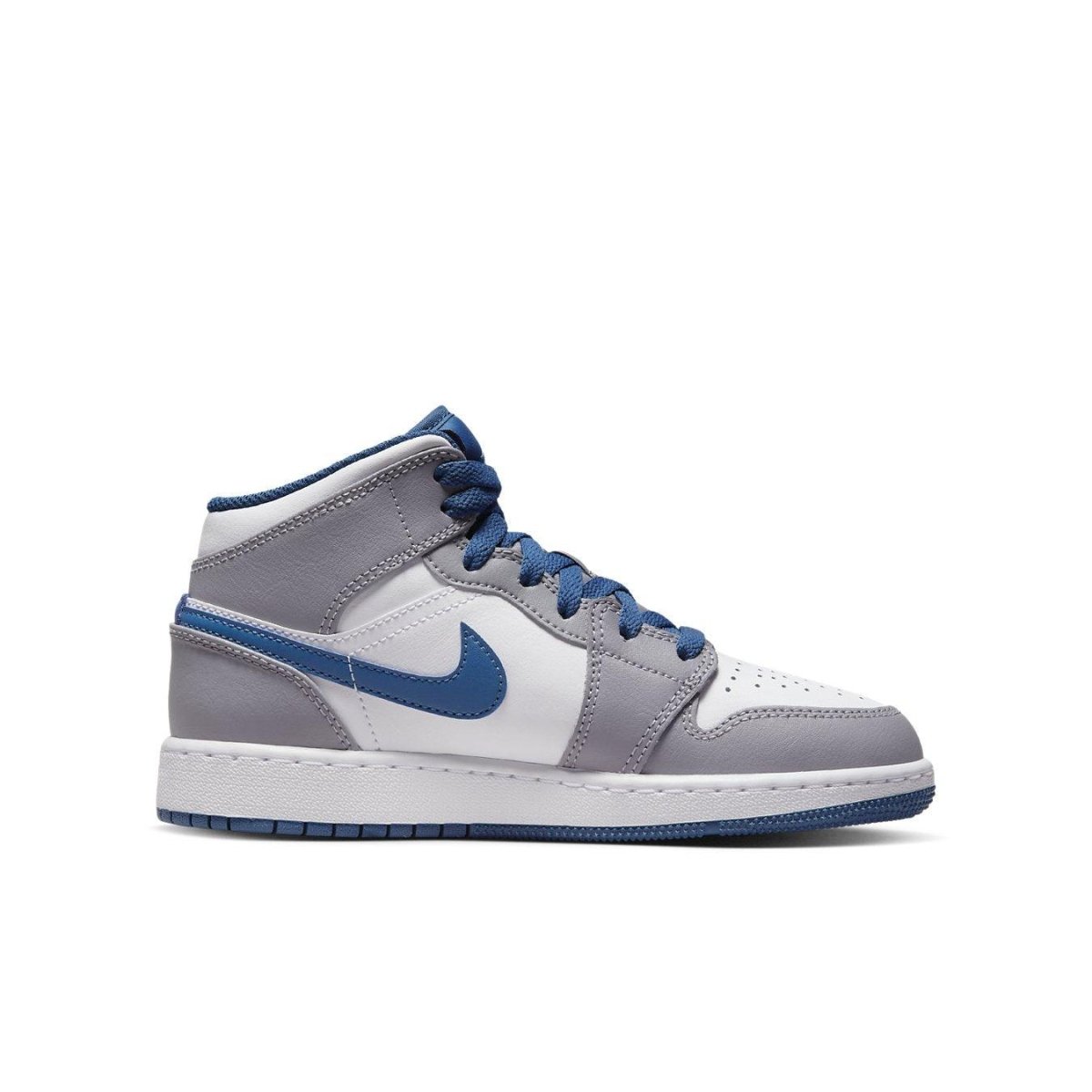 Air Jordan 1 Mid True Blue Cement (GS) in white leather and blue accents, featuring breathable perforations and iconic Swoosh.