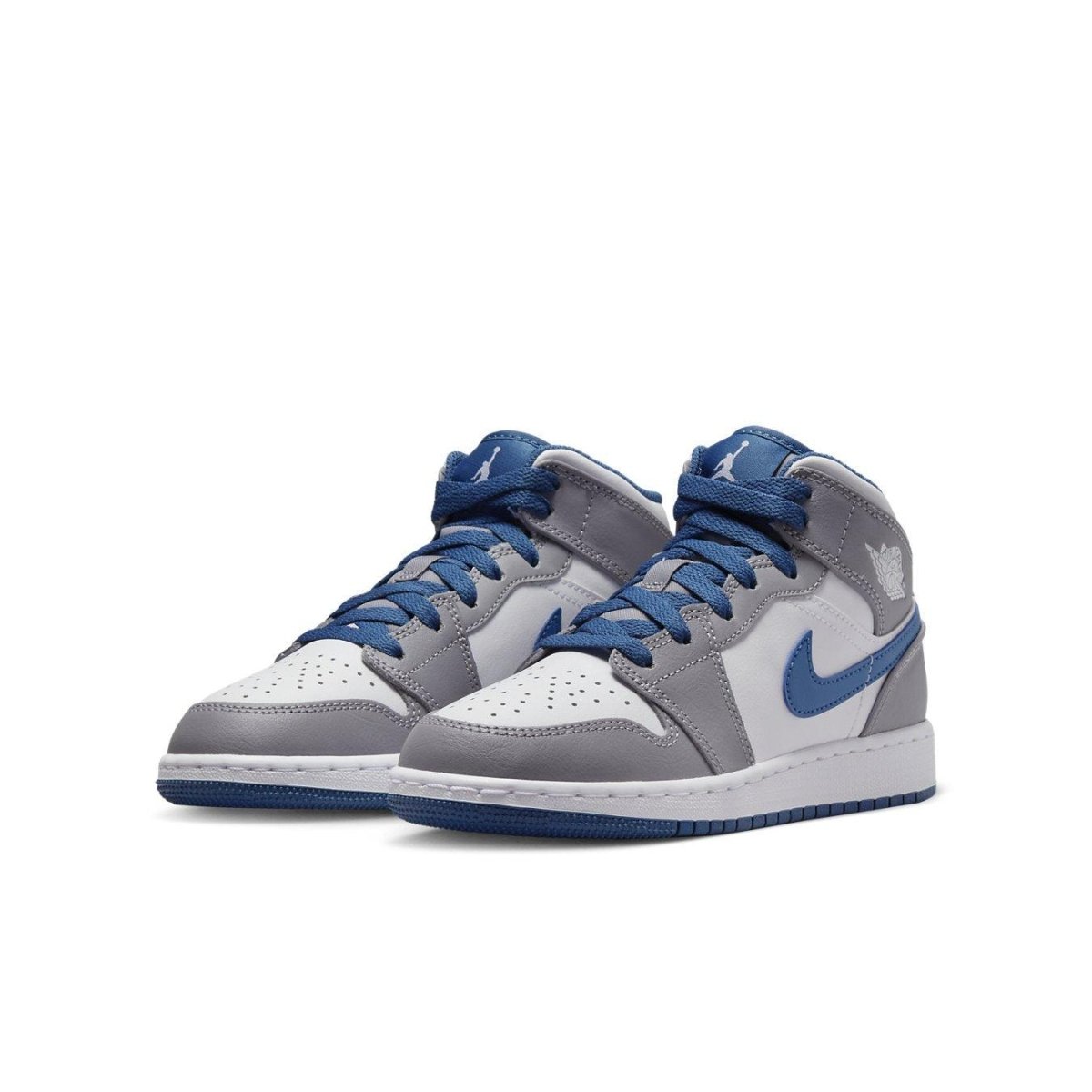 Air Jordan 1 Mid True Blue Cement sneakers featuring white leather and blue accents, perfect for sporty casual wear.